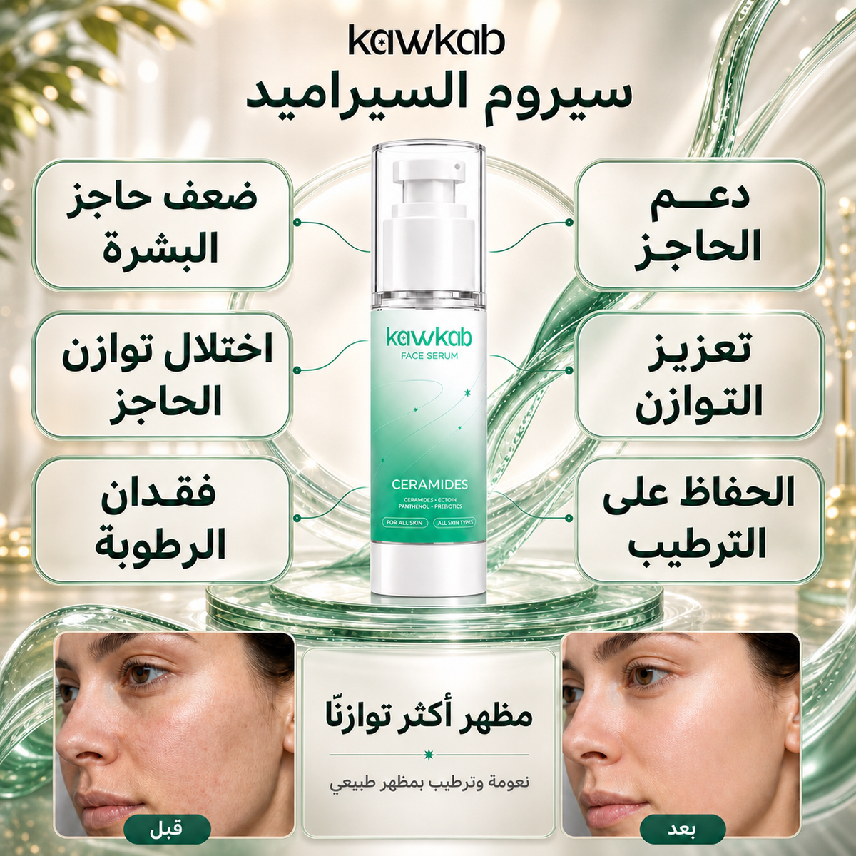 Kawkab Restore Ceramide Face Serum with Ectoin, Panthenol and Prebiotics, Deep Hydration and Skin Barrier Support for Dry and Sensitive Skin, 30ml