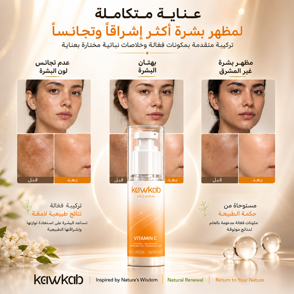 Kawkab Illuminate Vitamin C Face Serum with Niacinamide, Alpha-Arbutin and Tranexamic Acid, Brightening Care for Dull Skin, Dark Spots and Uneven-Looking Skin Tone, 30ml