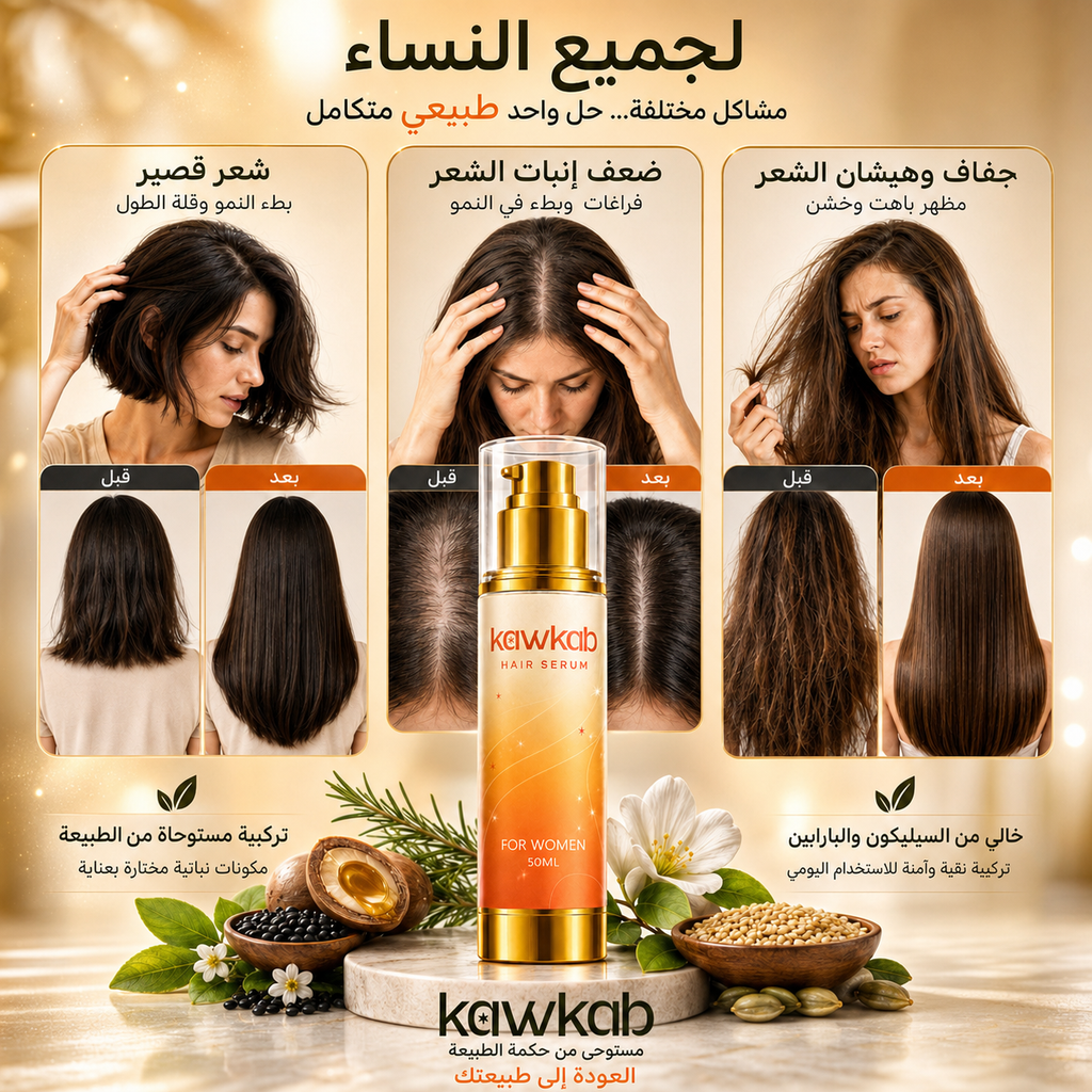 Kawkab Hair Growth Serum for Women with Rosemary, Biotin, Niacinamide and Peptides, Helps Reduce Hair Fall and Breakage, Supports Thicker-Looking Hair, Silicone-Free, 50ml