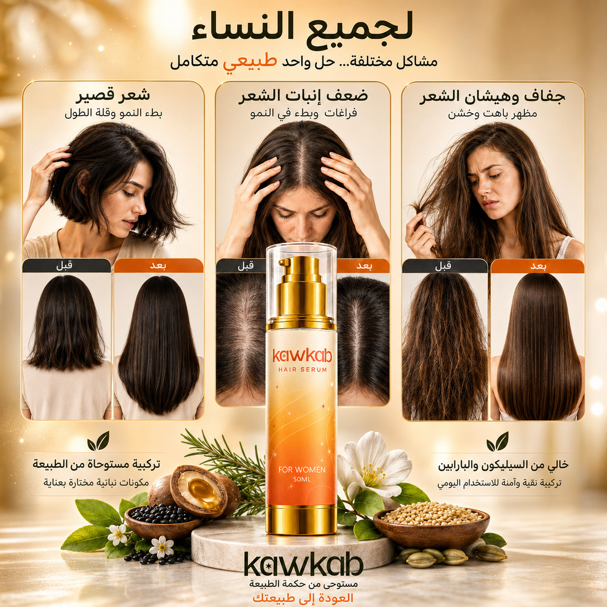 Kawkab Hair Growth Serum for Women with Rosemary, Biotin, Niacinamide and Peptides, Helps Reduce Hair Fall and Breakage, Supports Thicker-Looking Hair, Silicone-Free, 50ml