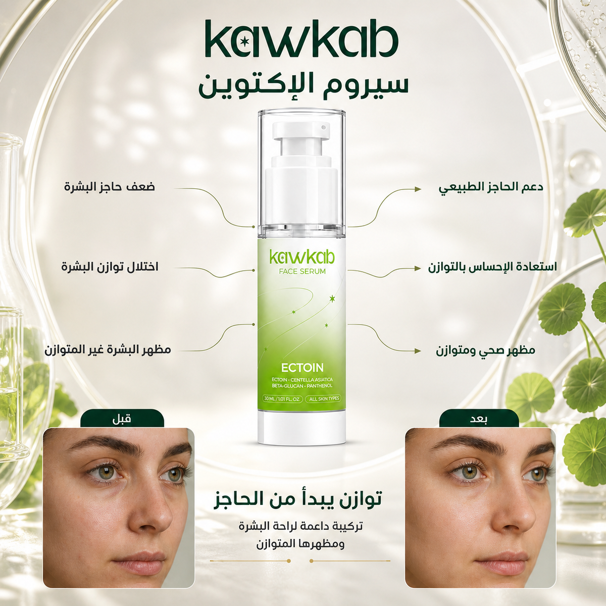 Kawkab Soothe Ectoin Face Serum with Centella, Beta-Glucan and Panthenol, Soothing Hydration and Skin Barrier Support for Sensitive and Stressed-Looking Skin, 30ml