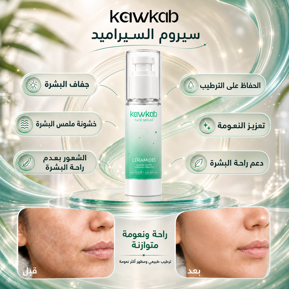 Kawkab Restore Ceramide Face Serum with Ectoin, Panthenol and Prebiotics, Deep Hydration and Skin Barrier Support for Dry and Sensitive Skin, 30ml