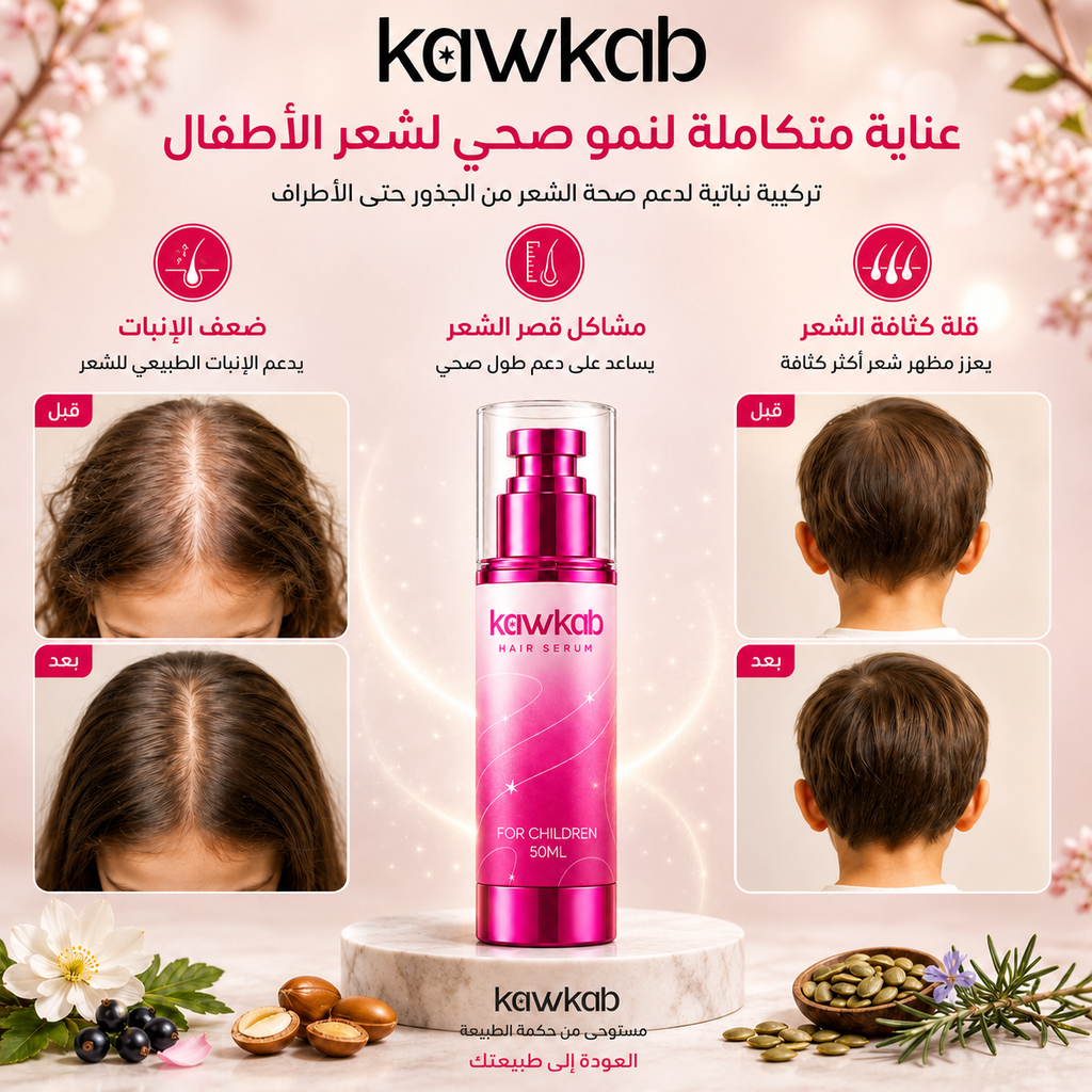 Kawkab Gentle Hair Serum for children with Jojoba, Argan and Coconut, Nourishes Hair and Scalp, Helps Reduce Breakage and Supports Healthy-Looking Hair, 50ml
