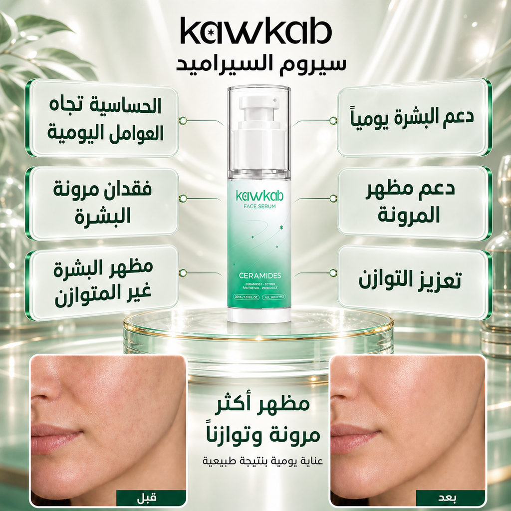 Kawkab Restore Ceramide Face Serum with Ectoin, Panthenol and Prebiotics, Deep Hydration and Skin Barrier Support for Dry and Sensitive Skin, 30ml