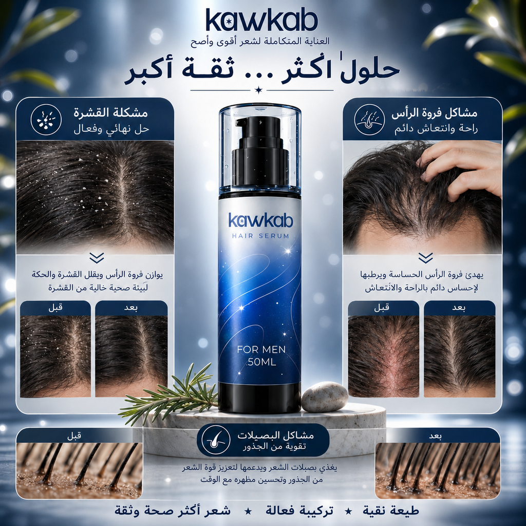 Kawkab Hair Growth Serum for Men with Rosemary, Biotin and Peptides, Helps Reduce Hair Fall and Breakage, Supports Thicker-Looking Hair, Silicone-Free, 50ml