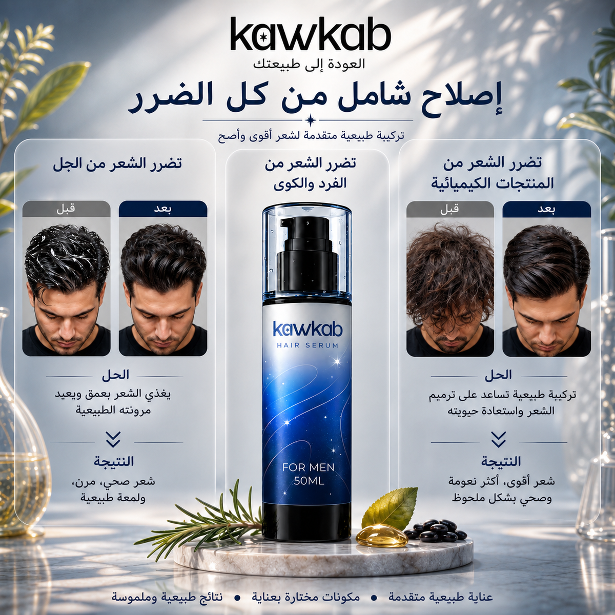 Kawkab Hair Growth Serum for Men with Rosemary, Biotin and Peptides, Helps Reduce Hair Fall and Breakage, Supports Thicker-Looking Hair, Silicone-Free, 50ml