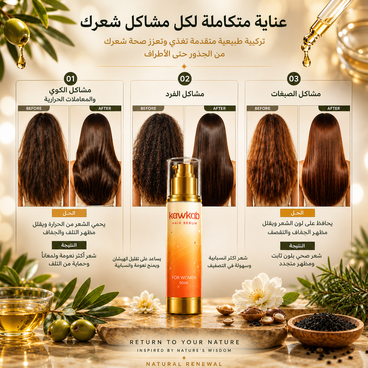 Kawkab Hair Growth Serum for Women with Rosemary, Biotin, Niacinamide and Peptides, Helps Reduce Hair Fall and Breakage, Supports Thicker-Looking Hair, Silicone-Free, 50ml