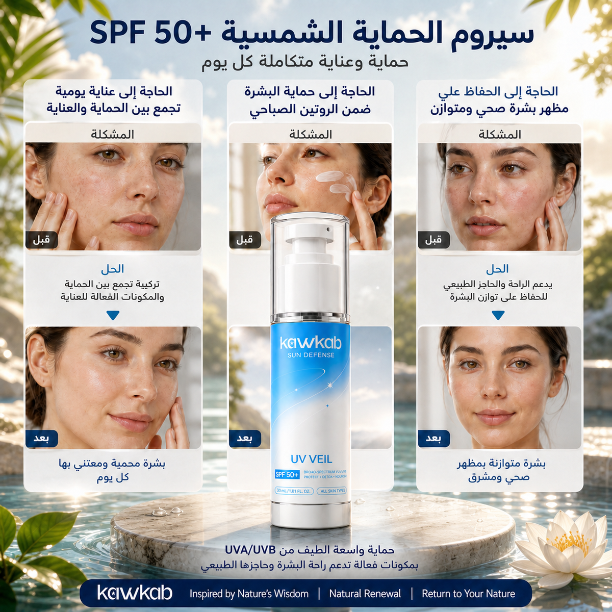 Kawkab Protect Sunscreen SPF 50+ with Zinc Oxide, Niacinamide and Ectoin, Broad-Spectrum UVA and UVB Protection, Sun defense, Lightweight Daily Sun Care, 30ml