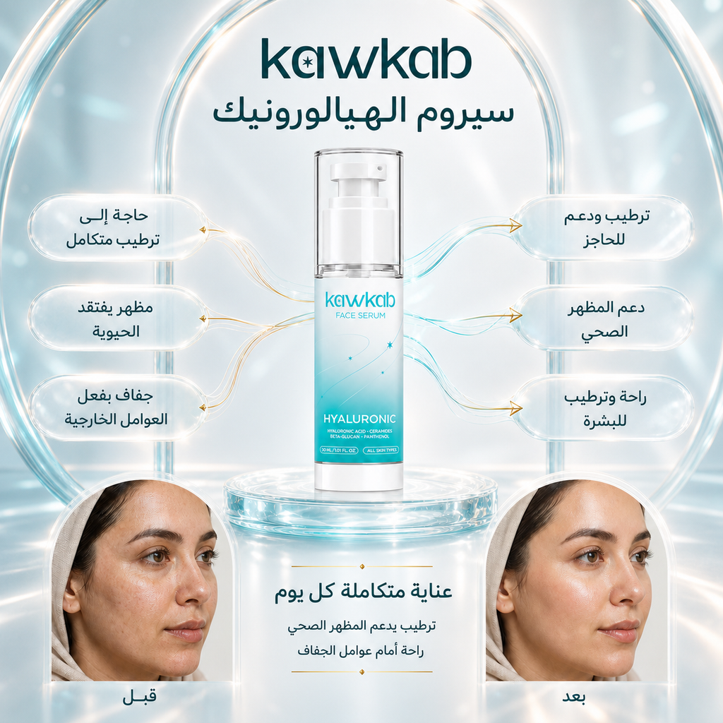 Kawkab Hydrate Hyaluronic Acid Face Serum with Ceramides, Beta-Glucan and Panthenol, Deep Hydration, Plumping Care and Skin Barrier Support for All Skin Types, 30ml
