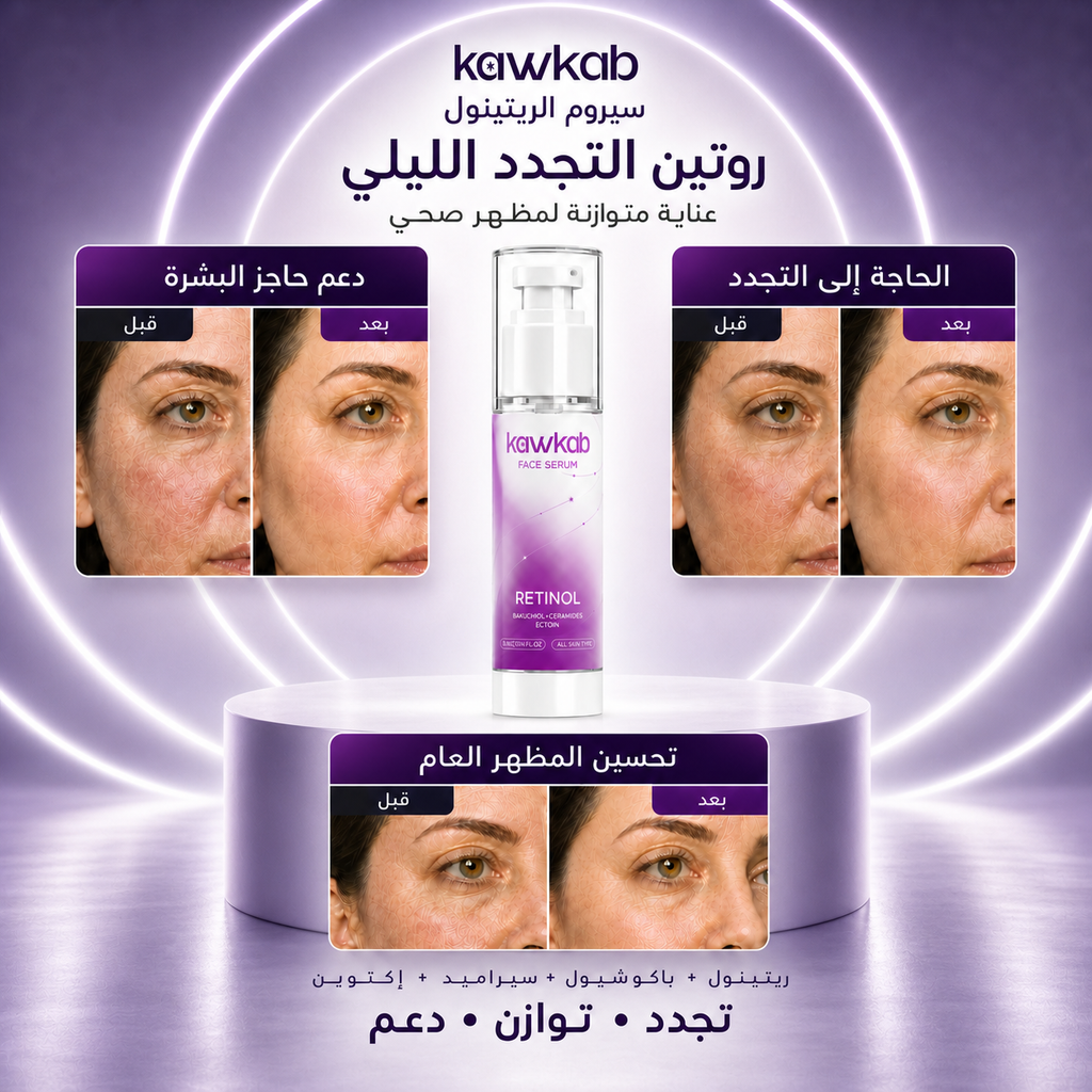 Kawkab Renew Retinol Face Serum with Bakuchiol, Ceramides and Ectoin, Night Skin Care for Fine Lines, Uneven Texture and Skin Barrier Support, 30ml