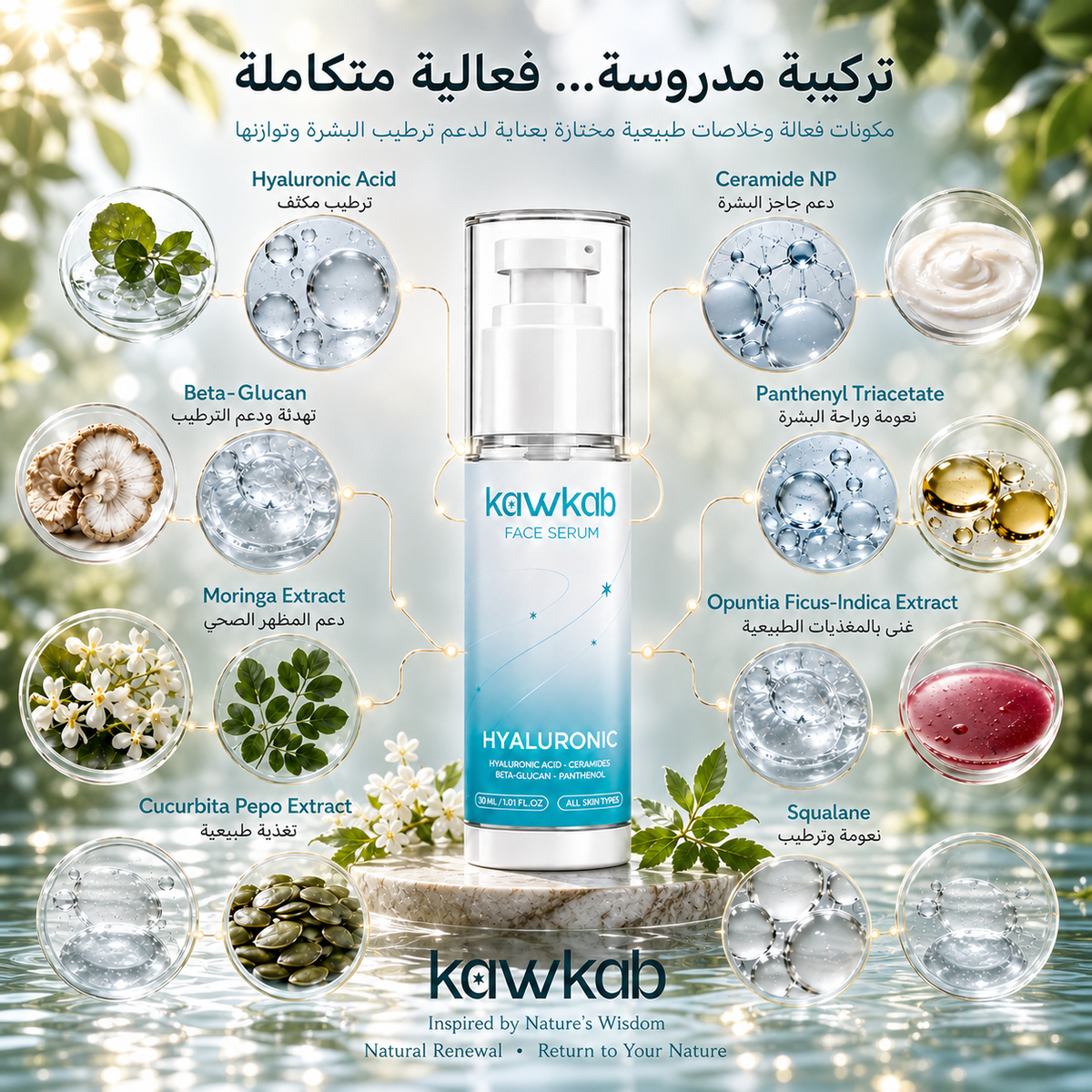 Kawkab Hydrate Hyaluronic Acid Face Serum with Ceramides, Beta-Glucan and Panthenol, Deep Hydration, Plumping Care and Skin Barrier Support for All Skin Types, 30ml