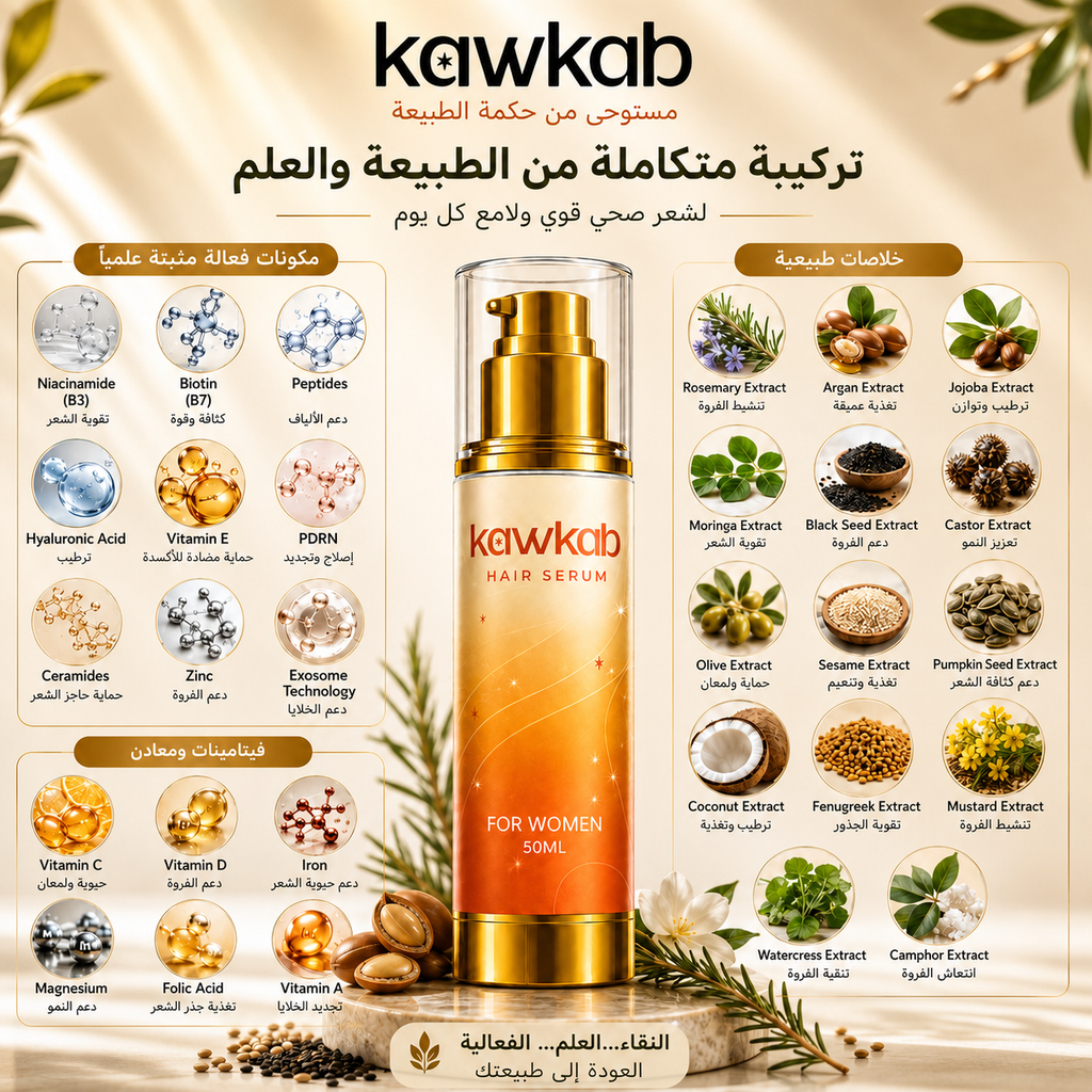 Kawkab Hair Growth Serum for Women with Rosemary, Biotin, Niacinamide and Peptides, Helps Reduce Hair Fall and Breakage, Supports Thicker-Looking Hair, Silicone-Free, 50ml