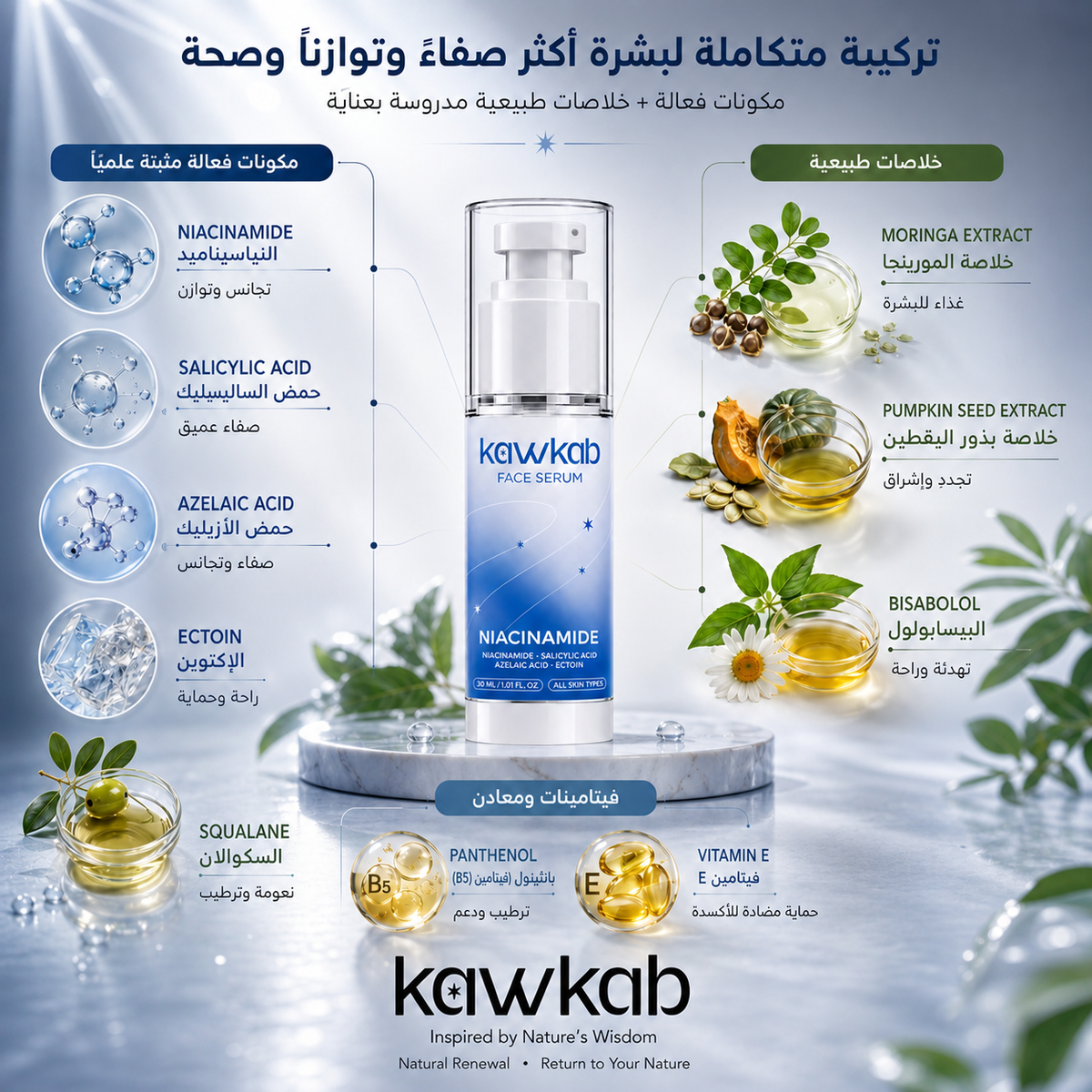 Kawkab Balance Niacinamide Face Serum with Salicylic Acid, Azelaic Acid and Ectoin, Pore Care and Oil Control for Oily and Combination Skin, Fragrance-Free, 30ml