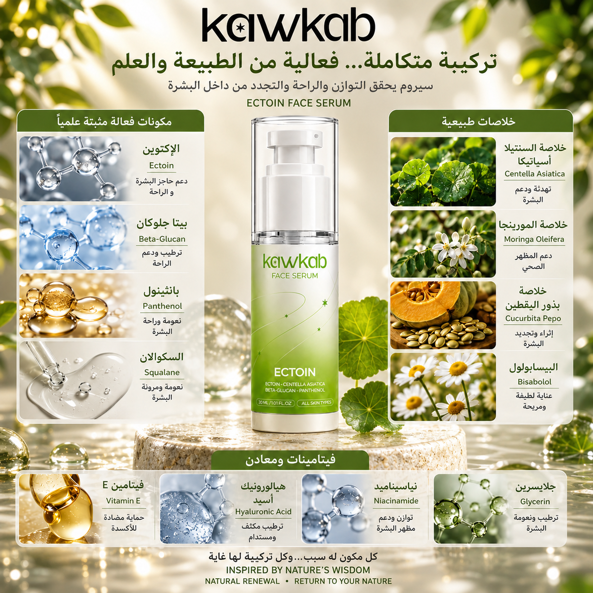 Kawkab Soothe Ectoin Face Serum with Centella, Beta-Glucan and Panthenol, Soothing Hydration and Skin Barrier Support for Sensitive and Stressed-Looking Skin, 30ml