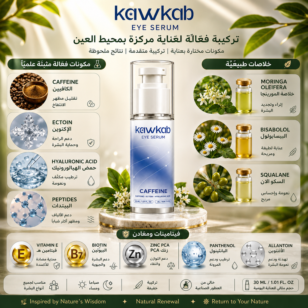 Kawkab Eye Revive Caffeine Eye Serum for Dark Circles and Puffiness, Hydrating Under-Eye Care, Lightweight and Fast-Absorbing Formula for All Skin Types, 30ml
