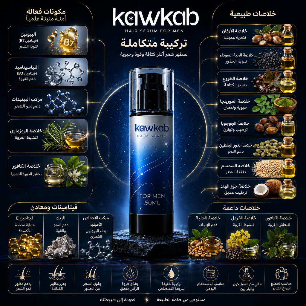 Kawkab Hair Growth Serum for Men with Rosemary, Biotin and Peptides, Helps Reduce Hair Fall and Breakage, Supports Thicker-Looking Hair, Silicone-Free, 50ml