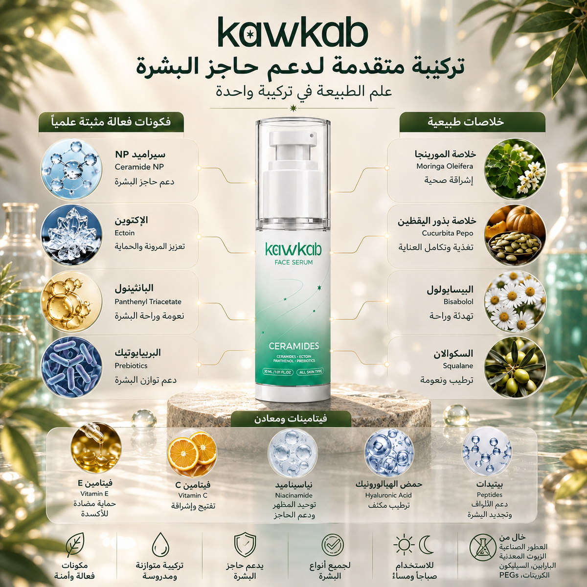 Kawkab Restore Ceramide Face Serum with Ectoin, Panthenol and Prebiotics, Deep Hydration and Skin Barrier Support for Dry and Sensitive Skin, 30ml