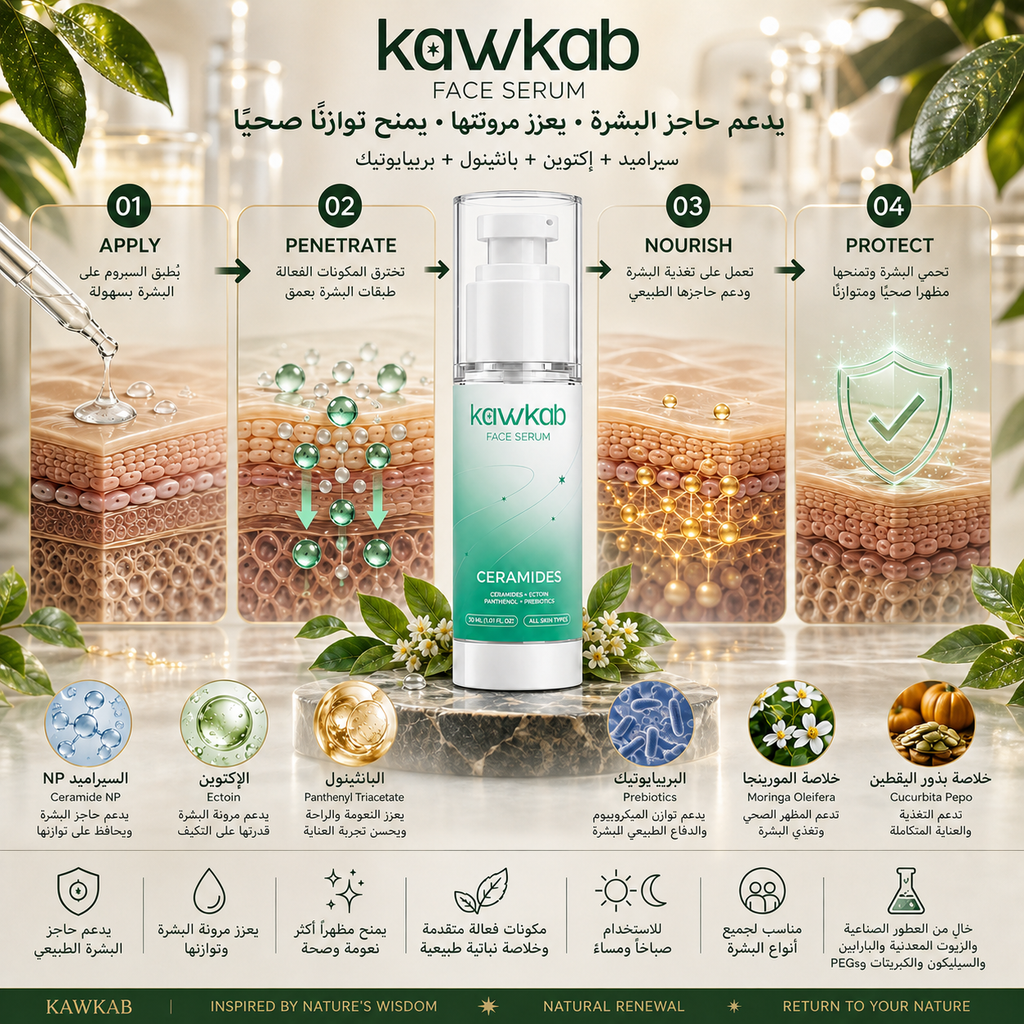 Kawkab Restore Ceramide Face Serum with Ectoin, Panthenol and Prebiotics, Deep Hydration and Skin Barrier Support for Dry and Sensitive Skin, 30ml