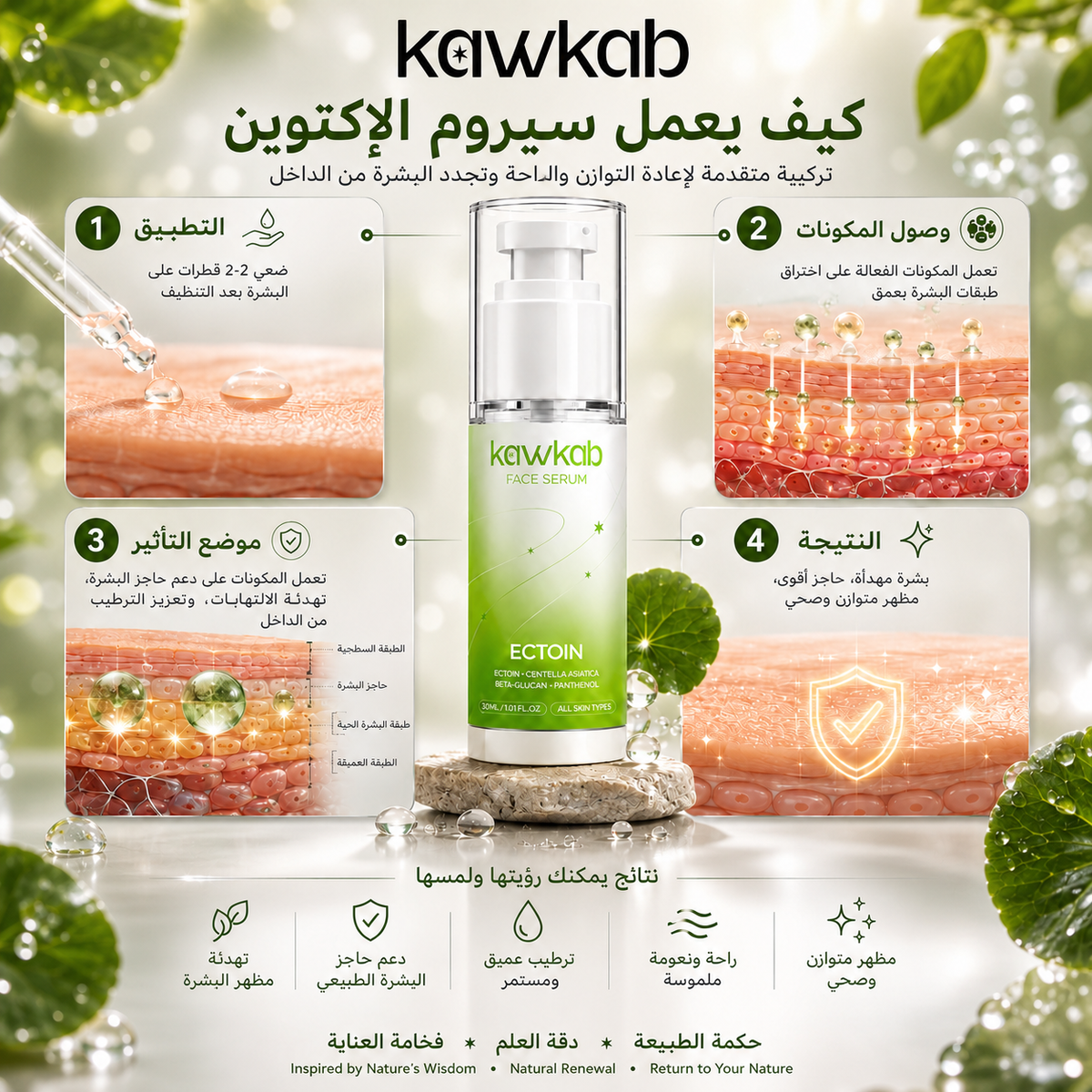 Kawkab Soothe Ectoin Face Serum with Centella, Beta-Glucan and Panthenol, Soothing Hydration and Skin Barrier Support for Sensitive and Stressed-Looking Skin, 30ml