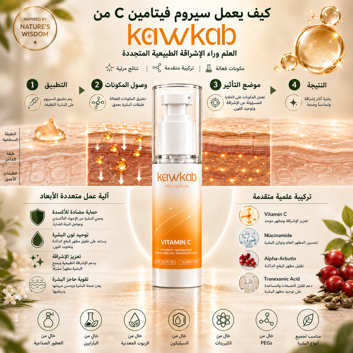 Kawkab Illuminate Vitamin C Face Serum with Niacinamide, Alpha-Arbutin and Tranexamic Acid, Brightening Care for Dull Skin, Dark Spots and Uneven-Looking Skin Tone, 30ml