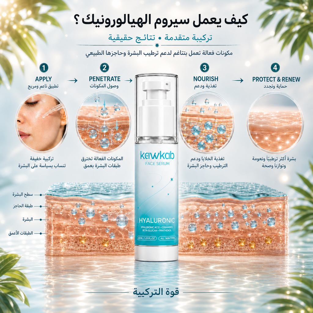 Kawkab Hydrate Hyaluronic Acid Face Serum with Ceramides, Beta-Glucan and Panthenol, Deep Hydration, Plumping Care and Skin Barrier Support for All Skin Types, 30ml