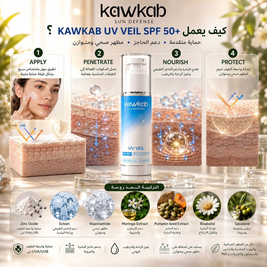 Kawkab Protect Sunscreen SPF 50+ with Zinc Oxide, Niacinamide and Ectoin, Broad-Spectrum UVA and UVB Protection, Sun defense, Lightweight Daily Sun Care, 30ml