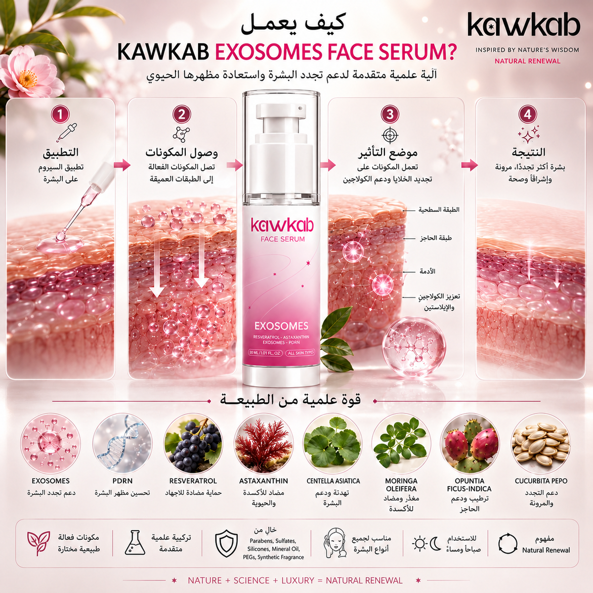 Kawkab Advanced Renewal Exosome Face Serum with PDRN, Resveratrol and Astaxanthin, Supports Firmer, Smoother and More Radiant-Looking Skin, Lightweight Formula, 30ml