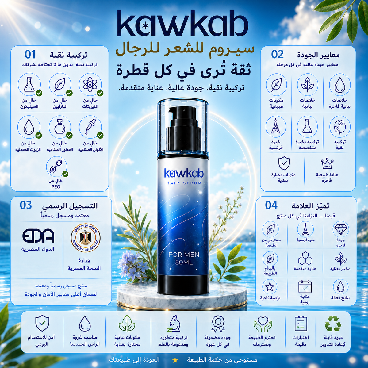 Kawkab Hair Growth Serum for Men with Rosemary, Biotin and Peptides, Helps Reduce Hair Fall and Breakage, Supports Thicker-Looking Hair, Silicone-Free, 50ml