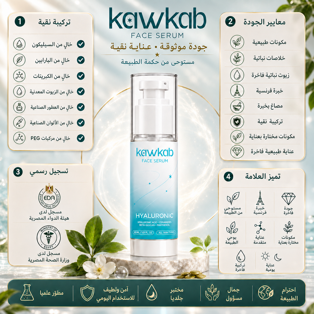 Kawkab Hydrate Hyaluronic Acid Face Serum with Ceramides, Beta-Glucan and Panthenol, Deep Hydration, Plumping Care and Skin Barrier Support for All Skin Types, 30ml