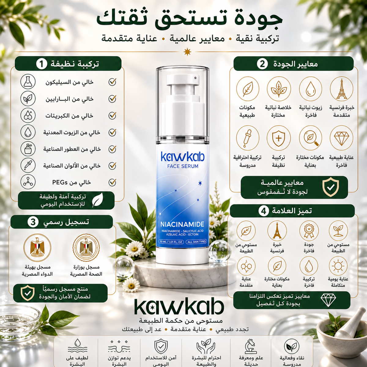 Kawkab Balance Niacinamide Face Serum with Salicylic Acid, Azelaic Acid and Ectoin, Pore Care and Oil Control for Oily and Combination Skin, Fragrance-Free, 30ml