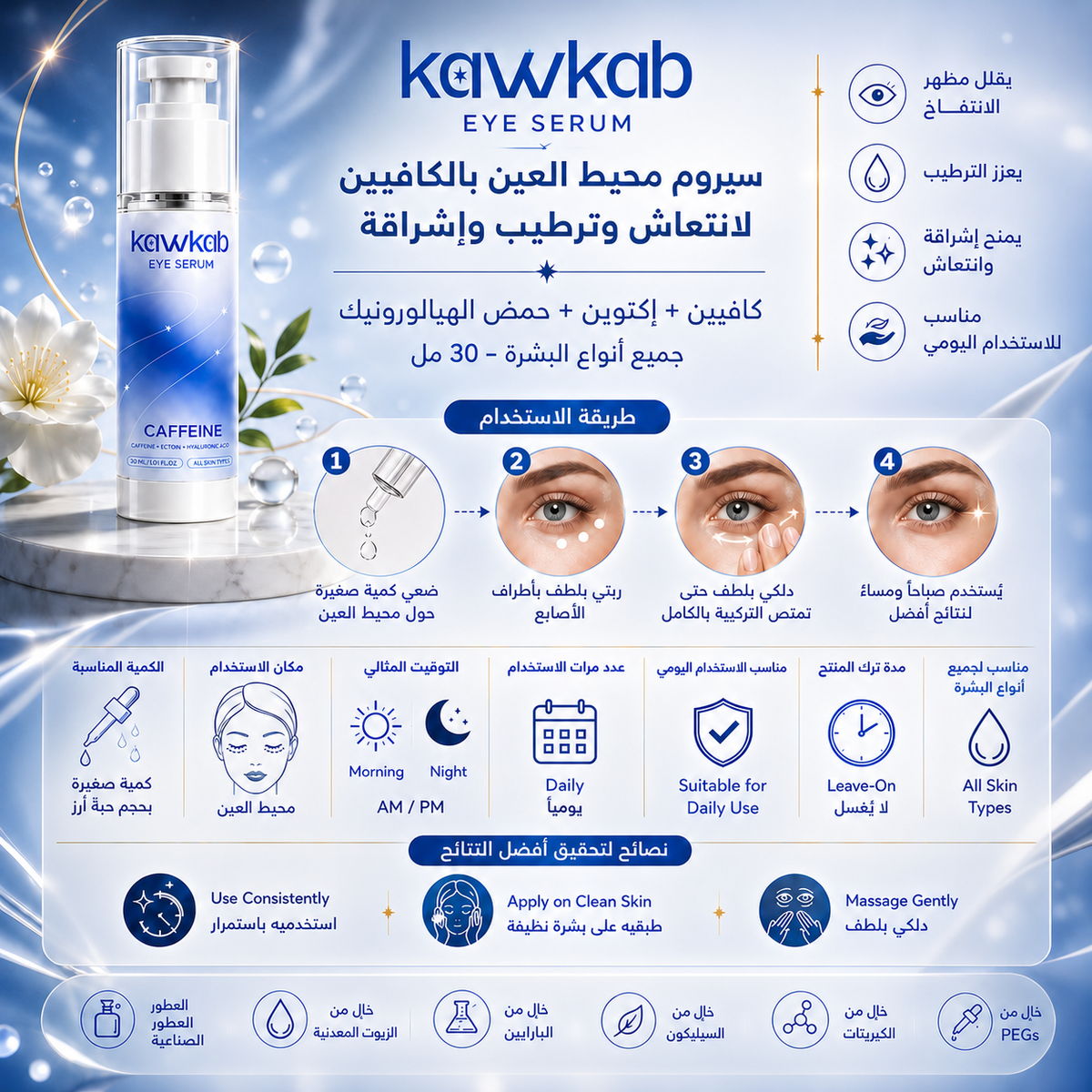 Kawkab Eye Revive Caffeine Eye Serum for Dark Circles and Puffiness, Hydrating Under-Eye Care, Lightweight and Fast-Absorbing Formula for All Skin Types, 30ml