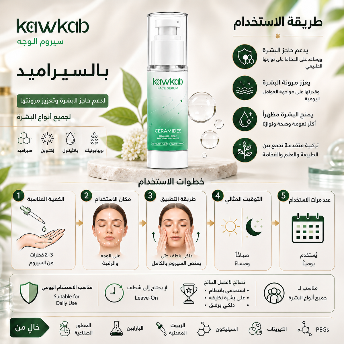 Kawkab Restore Ceramide Face Serum with Ectoin, Panthenol and Prebiotics, Deep Hydration and Skin Barrier Support for Dry and Sensitive Skin, 30ml